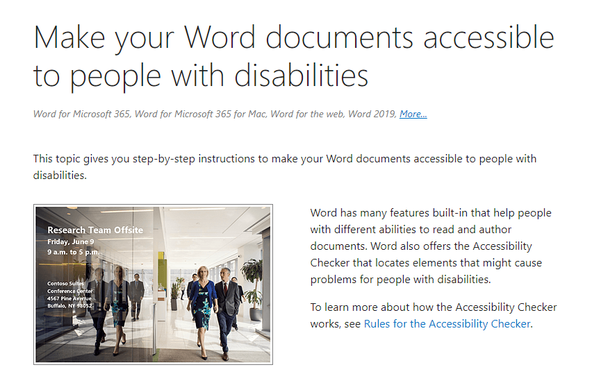 screenshot of Microsoft Support page describing accessible word documents