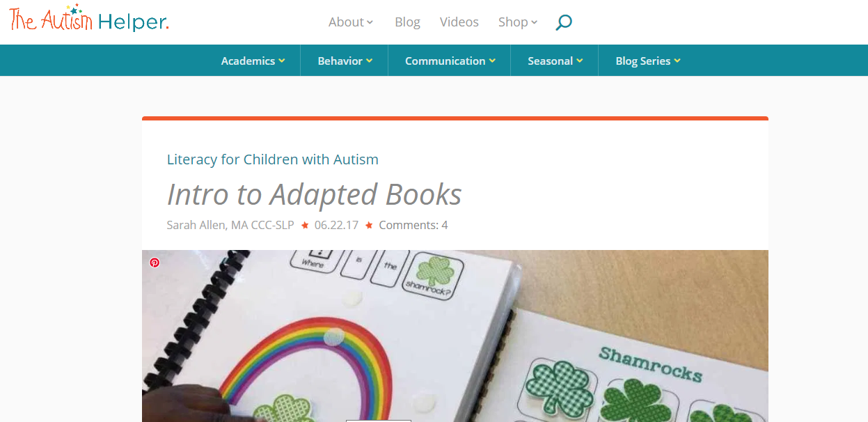 Screen shot of The Autism Helper website Intro to Adapting Books 