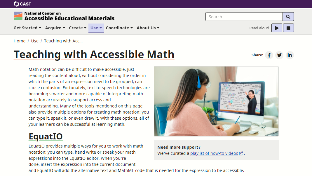 Screenshot of CAST and National Center for Accessible Educational Materials Center information on Making Math Accessible