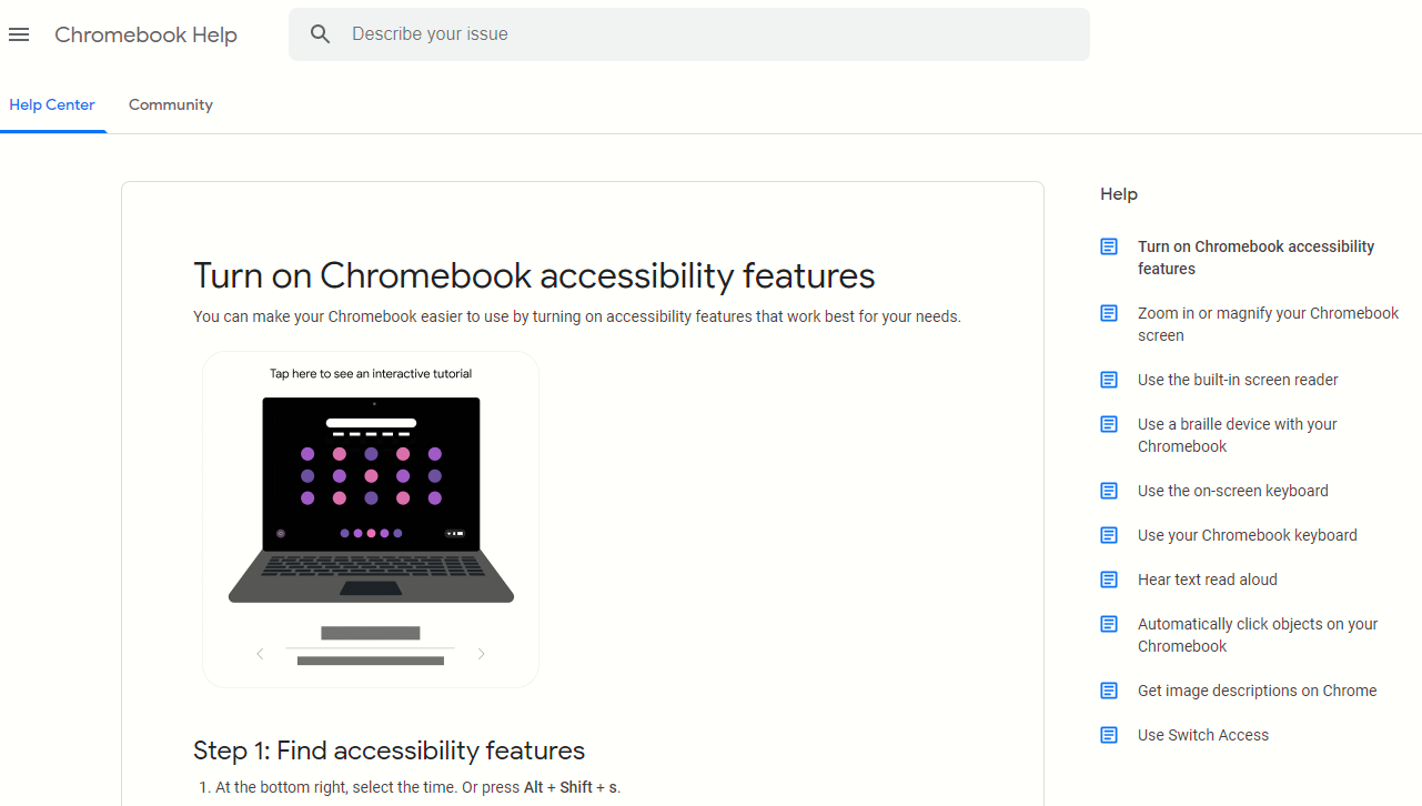 Screenshot of the Chromebook accessibility features website