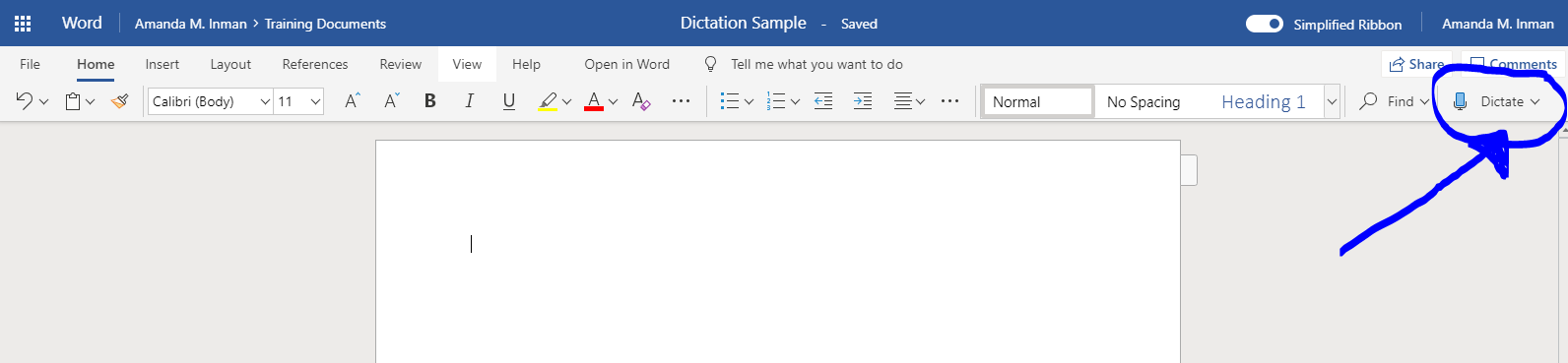 Screen shot of the Microsoft Word Home toolbar with Dictate icon circled in blue with blue arrow pointing to it.