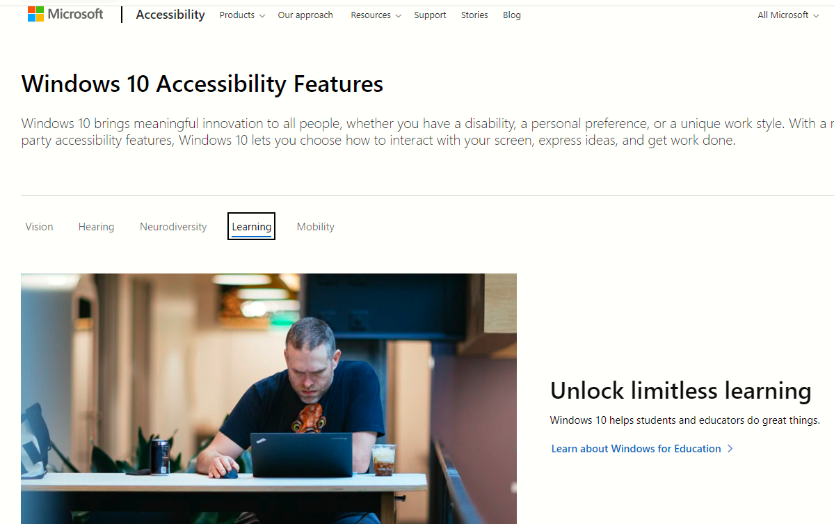 Screenshot of Microsoft's Accessibility Website.
